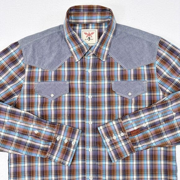 7 For All Mankind Western Shirt Mens Size Large Plaid Denim Chest Pockets Cowboy - Picture 1 of 11